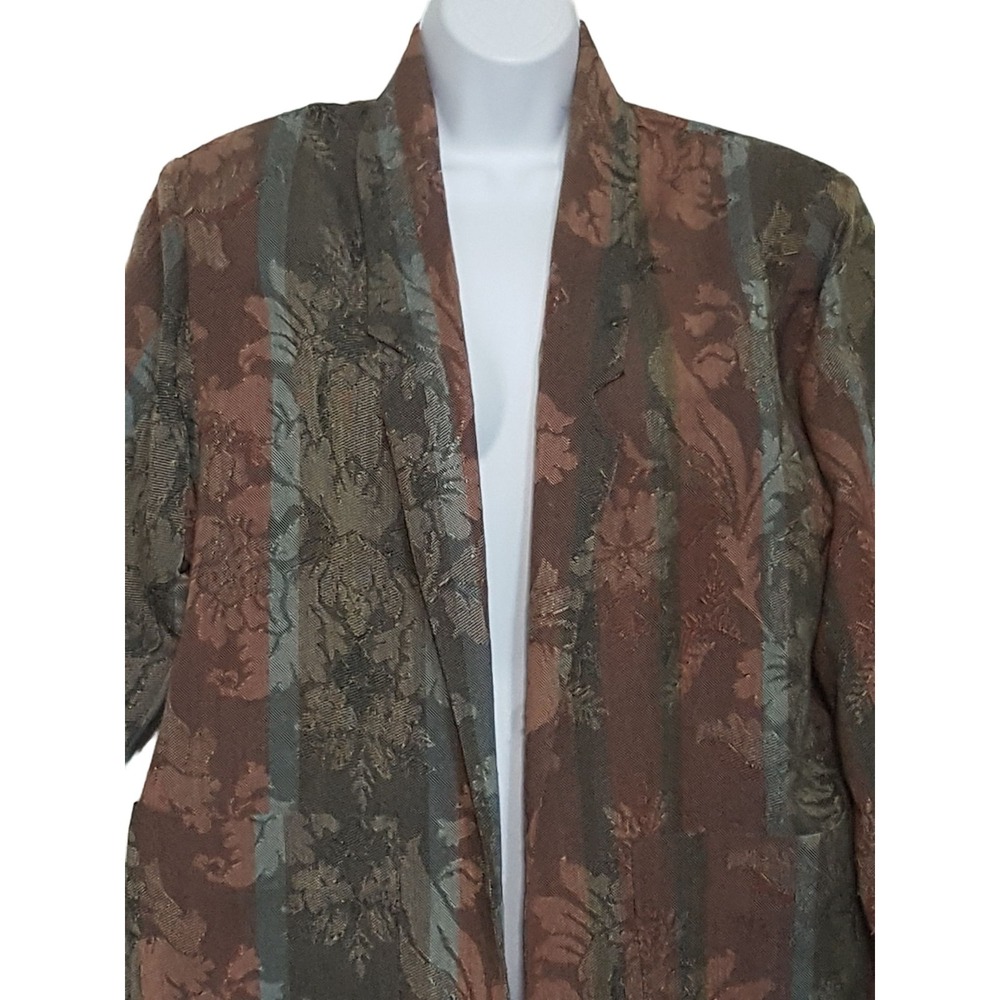 Vintage 80s Womens Open Blazer Boxy Green Rose Tweed Pockets Shoulder Pads Lined